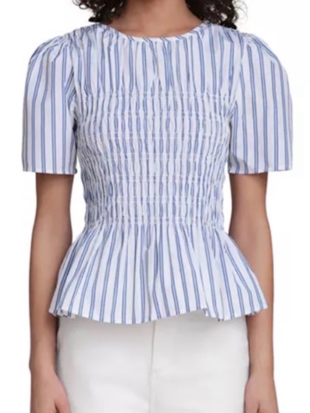 Bagatelle Collection Smocked Top With Peplum Hem Blue & White Stripes NWT